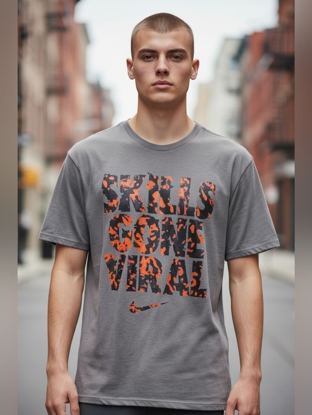 Nike Men's XL Athletic Cut Gray Skills Gone Viral Graphic Orange Camo Shirt
